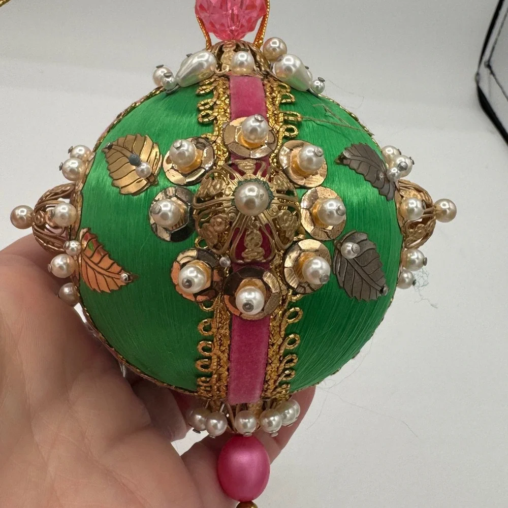 Vintage Handmade Satin Christmas Ornaments Green Pink Velvet Pearls Jewels Set 2